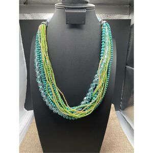 VINTAGE IRIDESCENT GREEN SEED BEADS MULTI-STRANDS TORSADE NECKLACE